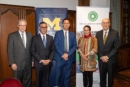 U-M President Santa Ono (center) welcomed the delegation from Aga Khan University to the Ann Arbor, Michigan campus